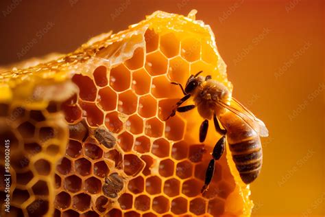 Macro photo of a bee hive on a honeycomb with copyspace. Bees produce ...