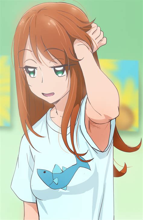 Safebooru Armpit Hair Blue Shirt Breasts Brown Hair Eyebrows Visible