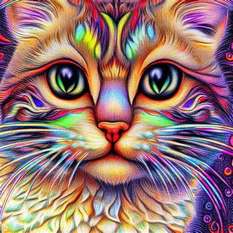 Psychedelic Colored Pencil Drawings Of Cats In The Style Of Artist