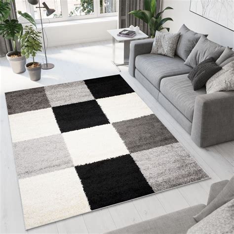 TAPISO Delhi Tapis De Salon Chambre Ado Blanc Gris Noir Carreaux Shaggy