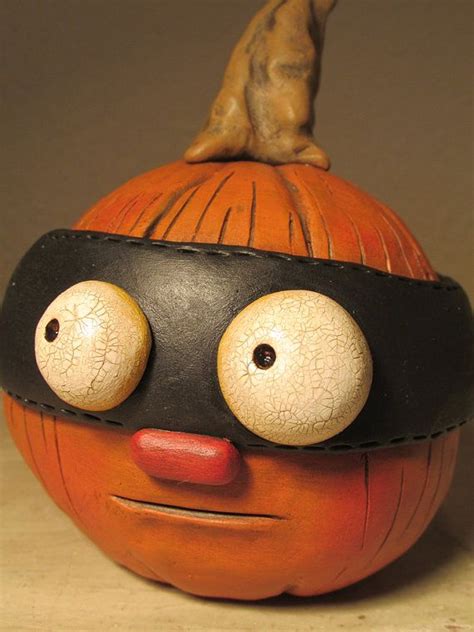 Halloween Pumpkin With Black Eye Mask Sculpted Folk Art By Etsy