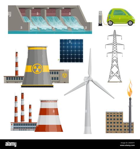 Power Stations Or Energy Production Plants Icons Vector Isolated Flat