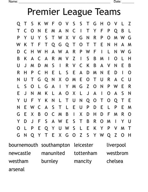 Premier League Teams Word Search WordMint