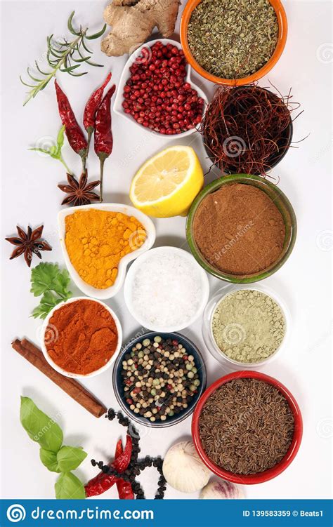 Spices And Herbs On Table Food And Cuisine Ingredients Stock Image