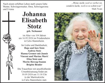 Traueranzeigen von Johanna Elisabeth Stotz Schwarzwälder Bote Trauer