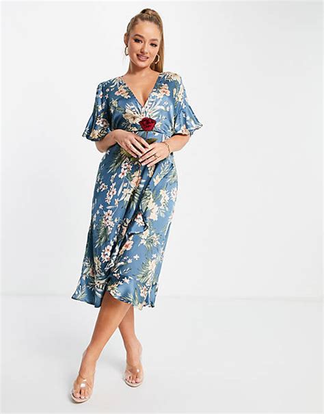 Ax Paris Ruffle Midi Dress In Blue Floral Asos