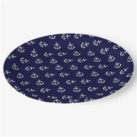 White Anchors Navy Blue Background Pattern Paper Plates Zazzle