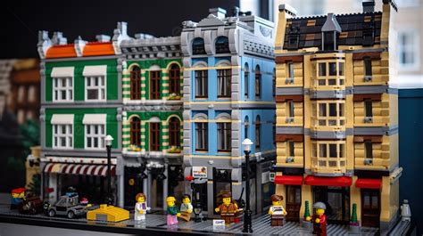 Street Scene Of A Lego Town With Brick Buildings And People Background