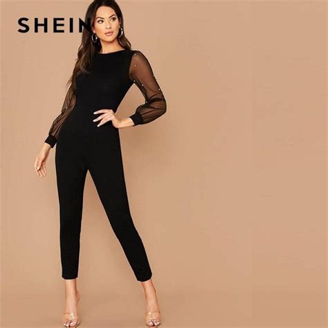 Shein Black Pearls Mesh Sleeve Form Fitted Jumpsuit Without Belt In