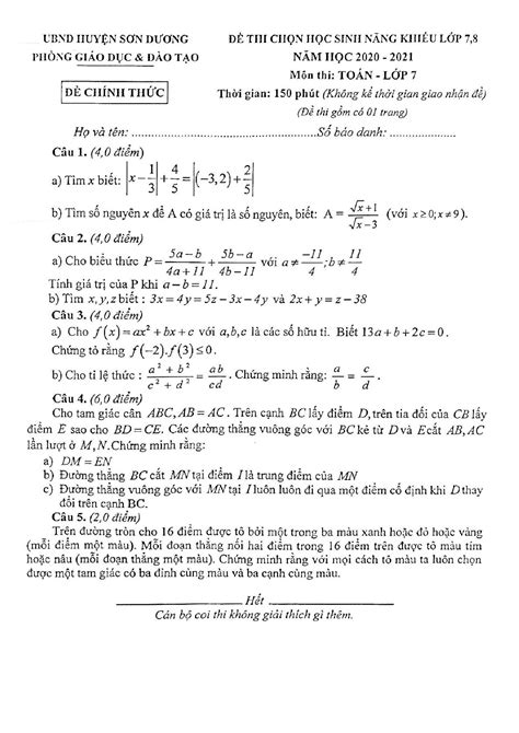 Đề chọn học sinh năng khiếu Toán 7 năm 2020 2021 phòng GD ĐT Sơn