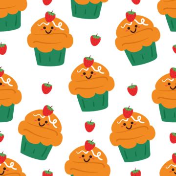 Seamless Pattern Cartoon Cupcake And Strawberry Seamless Pattern