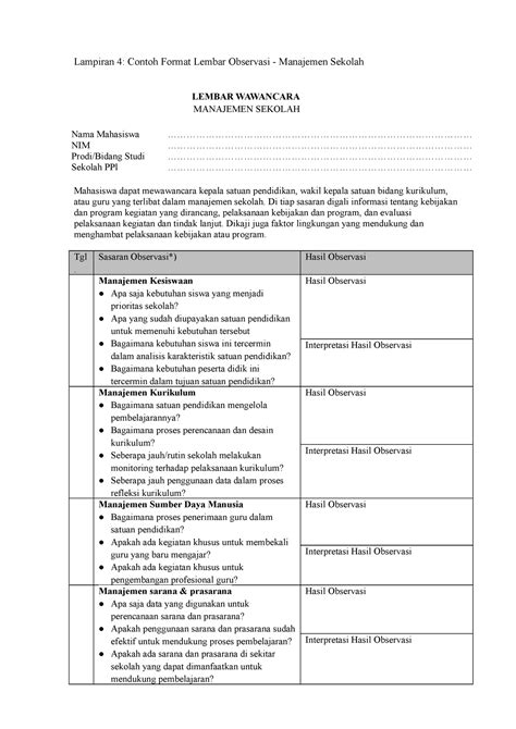 Lampiran 4 Contoh Format Lembar Observasi Manajemen Sekolah Lampiran 4 Contoh Format Lembar