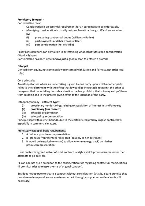 Lec 9 Promissory Estoppel Promissory Estoppel Consideration Recap