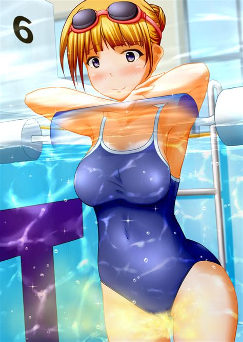 Rule 34 Blush Large Breasts Nervous One Piece Swimsuit Peeing Peeing In Pool Peeing In