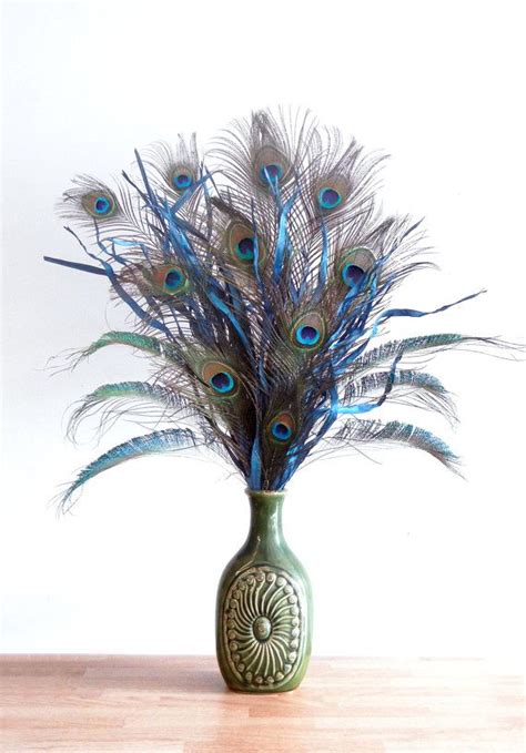 Large Peacock Feather Floral Arrangement In Green Swirl Ceramic Vase