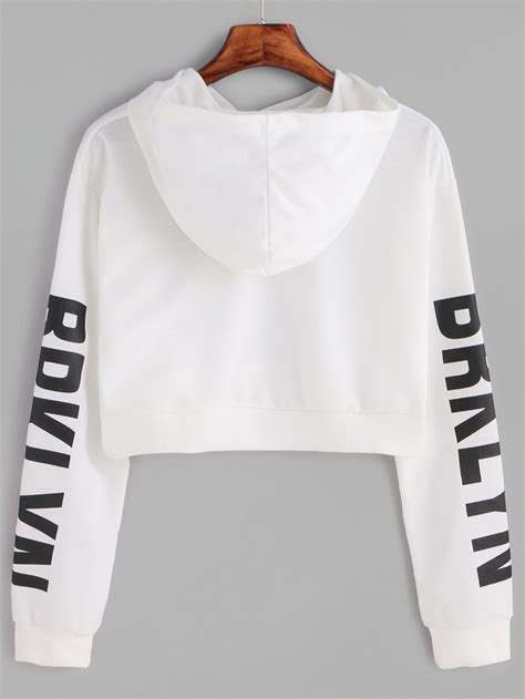 Sudadera Corta Con Estampado De Letra Y Capucha Blanco SHEIN