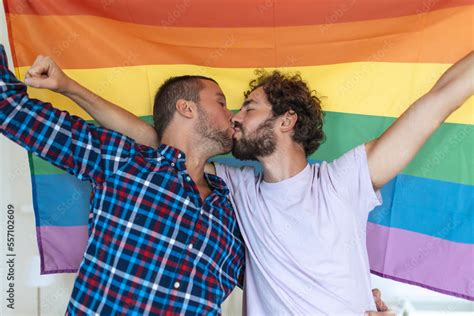 Two Young Gay Lovers Kissing Each Other Affectionately Two Young Male