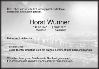 Traueranzeigen Von Horst Wunner Nordbayerischer Kurier