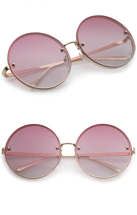 Oversize Rimless Slim Metal Temple Colored Gradient Flat Lens Round Sunglasses 65mm