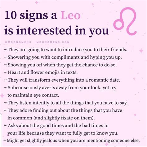 A Pink Poster With The Words 10 Signs Leo Is Interested In You