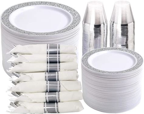 WELLIFE 350 Pieces Silver Disposable Plastic Dinnerware Silver Lace