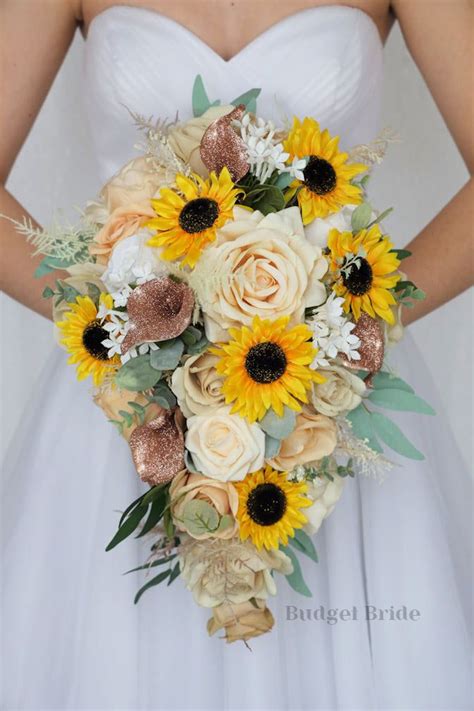 Cascading Brides Bouquet Made With Sunflowers Rose Gold Glitter Calla