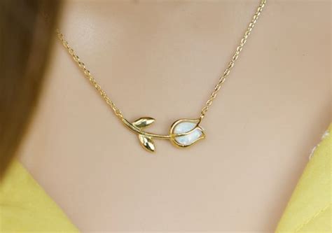 Tulip Necklace Dainty Tulip Necklace With Opal Dainty Flower Etsy