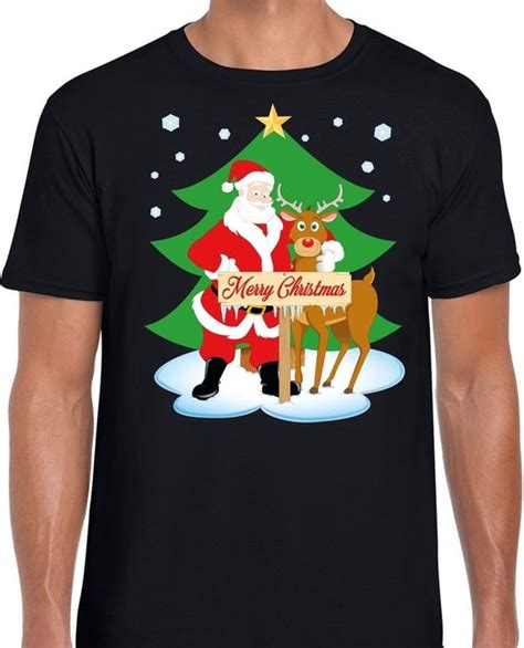 Foute Kerst T Shirt Met De Kerstman En Rendier Rudolf Zwart Voor Heren