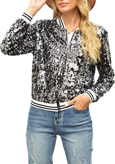 Pulipuqi Women S Sparkly Sequin Shiny Long Sleeve Open Front Zipper