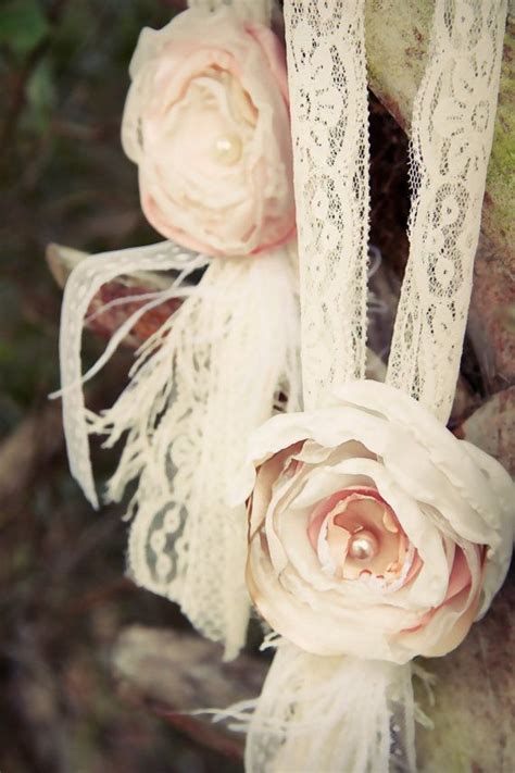 Hanging Wedding Decor Chair Tie Fabric Flower Lace Upcycled Vintage Shabby Chic Decor Pink Ivory