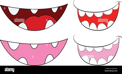 Cartoon smile, mouth, lips with teeth and tongue set. vector ...