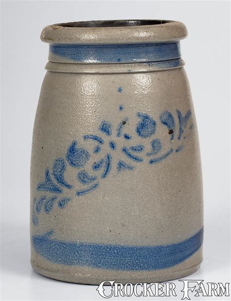 Western Pa Stoneware Canning Jar W Stenciled And Striped Decoration