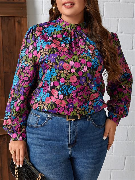 SHEIN Clasi Plus Floral Print Mock Neck Lantern Sleeve Blouse SHEIN USA