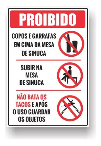 Placa Regras Para Sinuca Nao Subir Garrafas E Tacos X