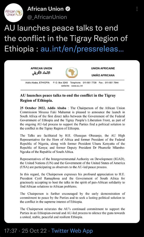 Au Launches Peace Talks To End The Conflict In The Tigray Region Of