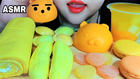 Asmr Yellow Orange Food Mukbang 노란색 주황색 디저트 먹방 Roll Cake Jelly Macaron