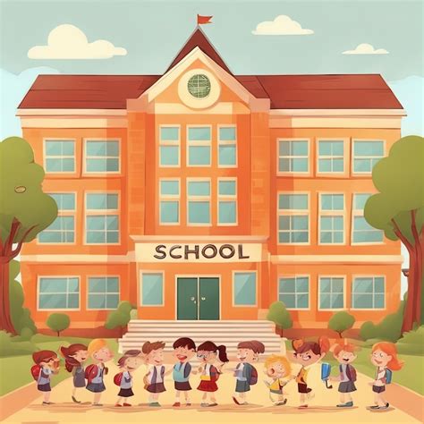 Bâtiment Scolaire Et Enfants En Illustration Vectorielle De Style