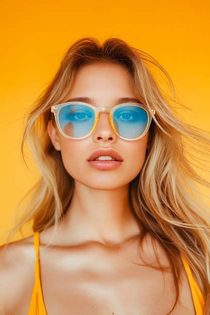 A Woman In A Yellow Bikini And Sunglasses Posing For A Picture