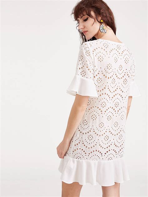 White Ruffle Cuff And Hem Eyelet Embroidered Dress Sheinsheinside