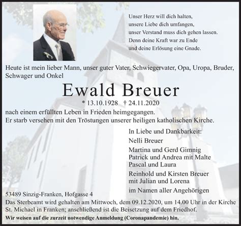 Traueranzeigen Von Ewald Breuer Rz Trauer De