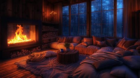 Nighttime Thunderstorm Haven Inviting Room With Fireplace Calming