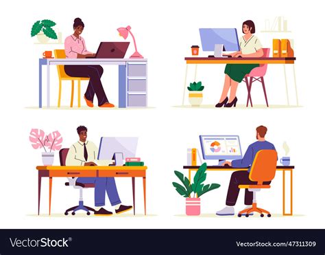 Set Of Employees At Workplace Royalty Free Vector Image