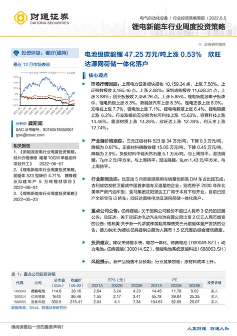 锂电新能车行业周度投资策略：电池级碳酸锂4725万元 吨上涨053 欣旺达源网荷储一体化落户 洞见研报 行业报告