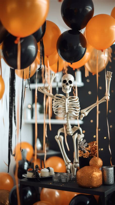 A cute skeleton cheerfully hangs ghoulish party decorations and lights ...