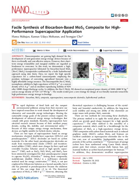 Pdf Facile Synthesis Of Biocarbon Based Mos2 Composite For High