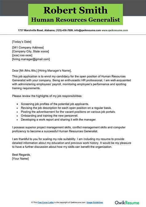 Human Resources Generalist Cover Letter Examples Qwikresume