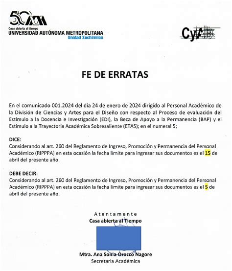 FE DE ERRATAS AL COMUNICADO 001 2024 UAM CyAD