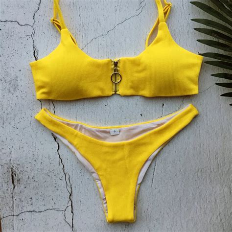 Bikini Sexy Yellow Zipper Swimwear Swimsuit Women Bikinis Set