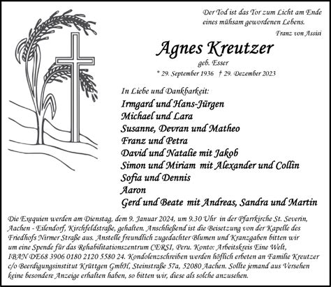 Traueranzeigen Von Agnes Kreutzer Aachen Gedenkt