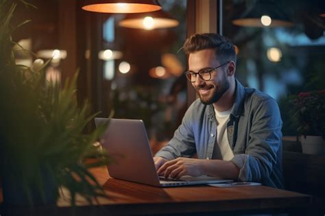 Premium AI Image Smiling Man Working On Laptop Working With Laptop